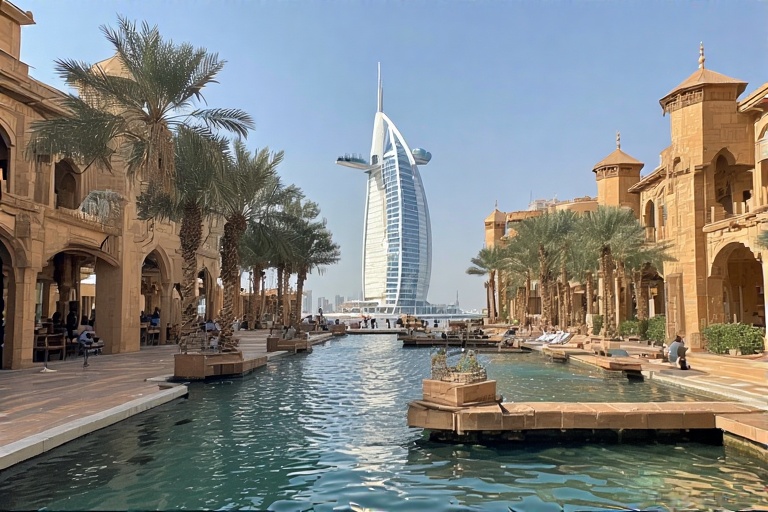 View of Burj Al Arab framed by Madinat Jumeirah’s Arabian architecture and waterways.